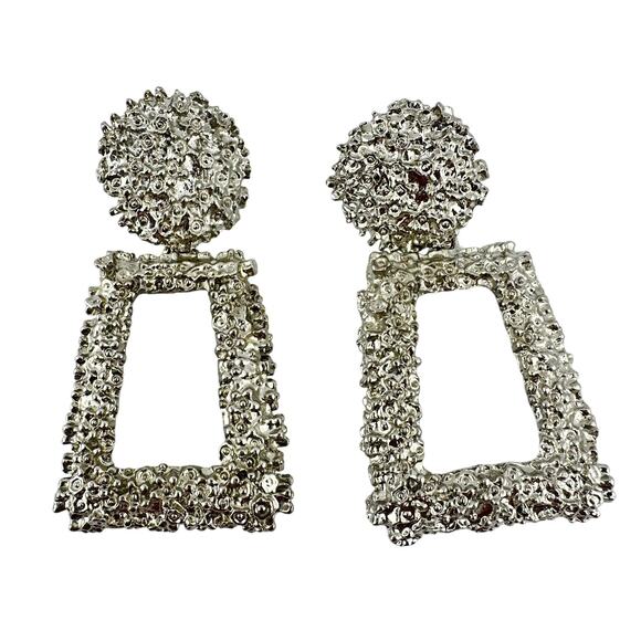 Vintage Large Nugget Texture Silver Tone Geometric Door Knocker 2.75" Earrings - Picture 1 of 3